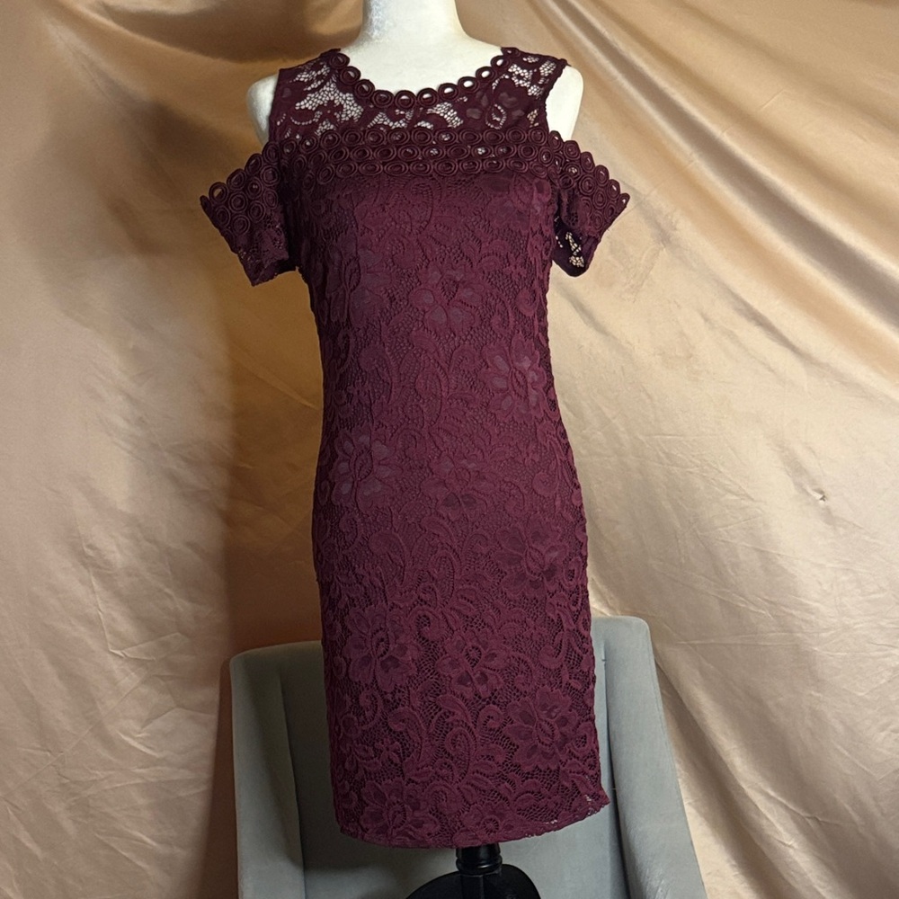 Ambiance Burgundy Cold-Shoulder Lace Mini Dress